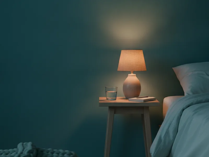A bedside table at night with a warm lamp, a glass of water and a notebook