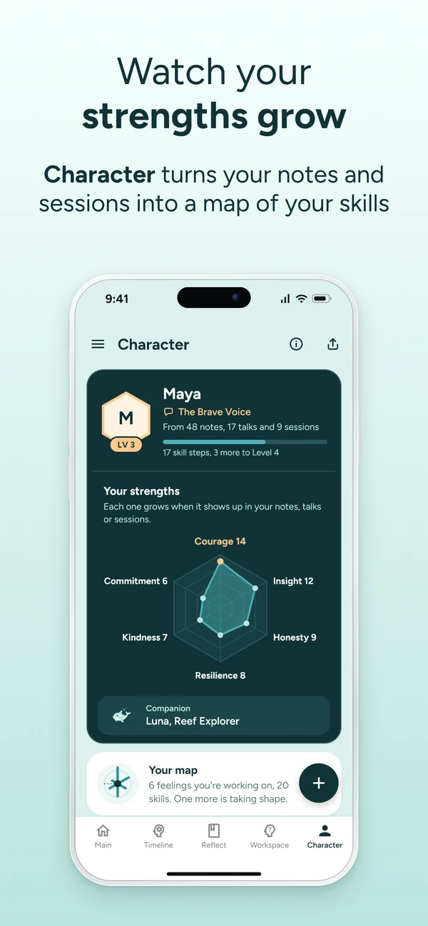 MindSync Character screen showing six strengths that grow from your notes, talks and sessions