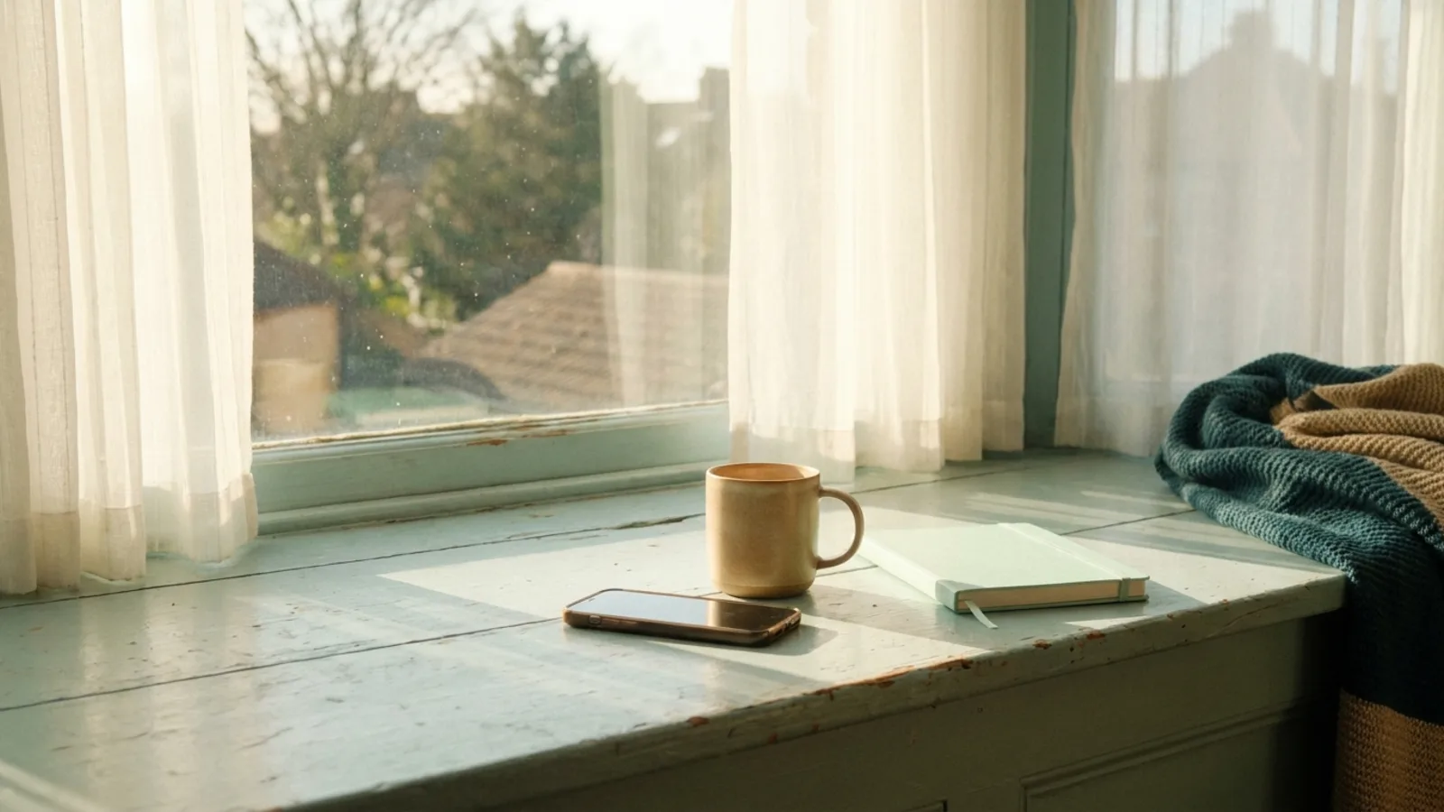 A phone, a notebook and a warm cup on a windowsill in morning light, the start of a first week with MindSync