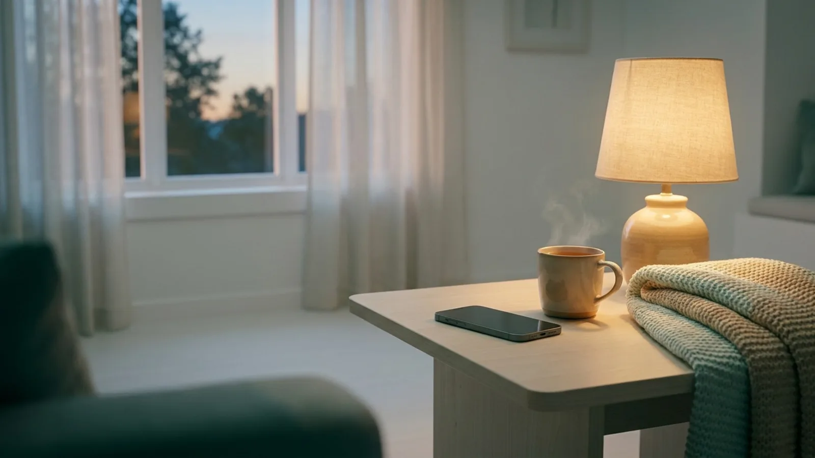 A phone lying face-down on a side table next to a cup of tea in soft evening light