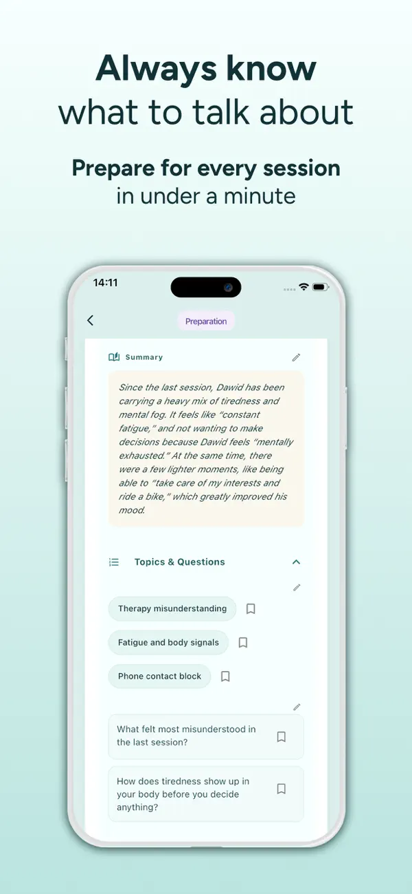The MindSync Prep Card: a summary of the week with topics and questions to bring to the session
