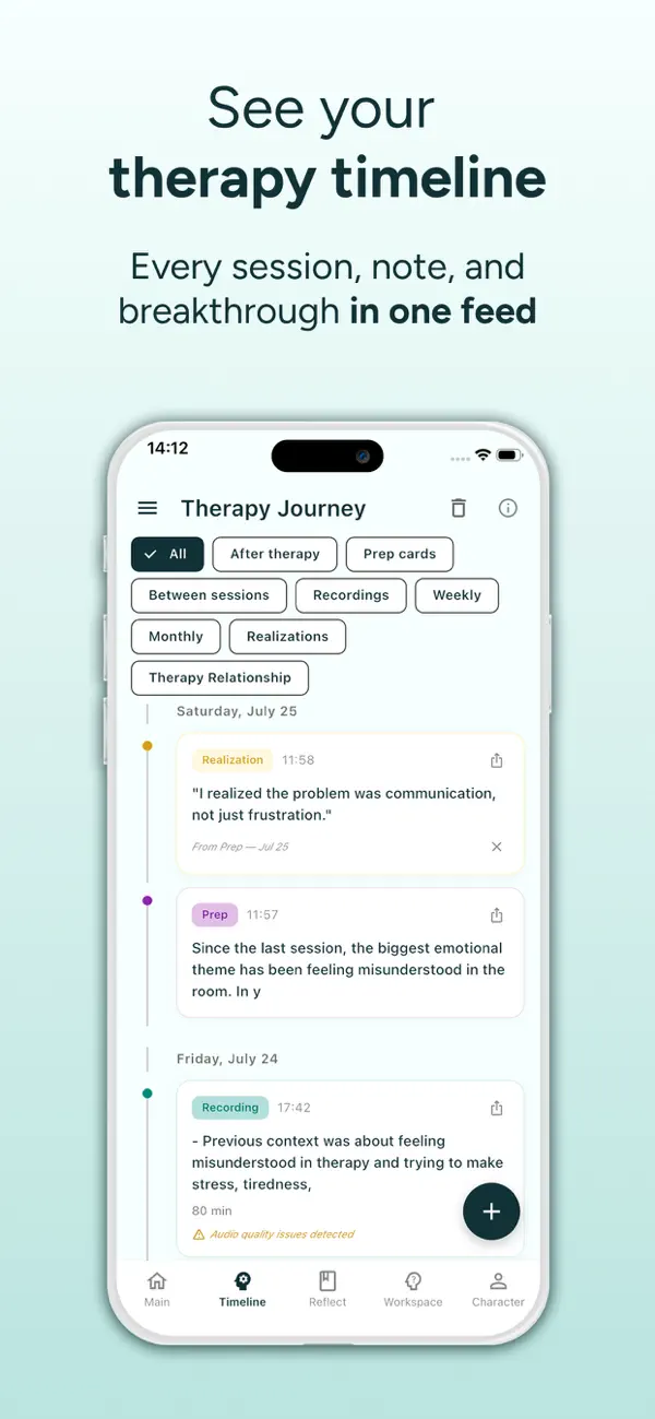 The MindSync therapy timeline with prep notes, realizations and a session recording in one feed