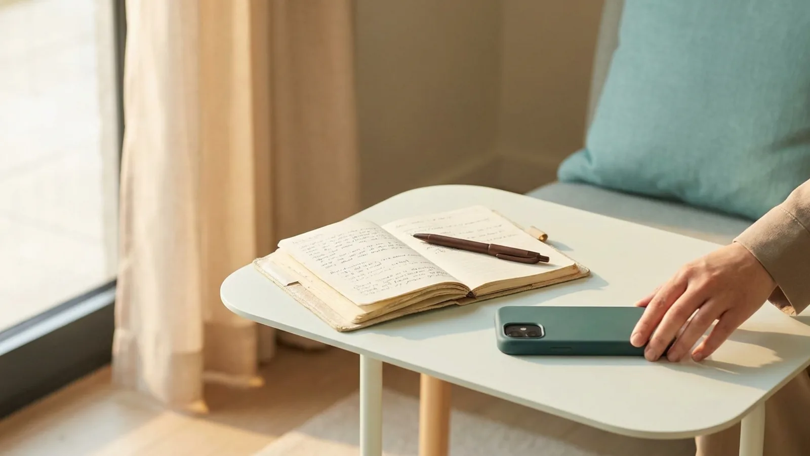 An open notebook and a phone on a table before a therapy session, soft daylight