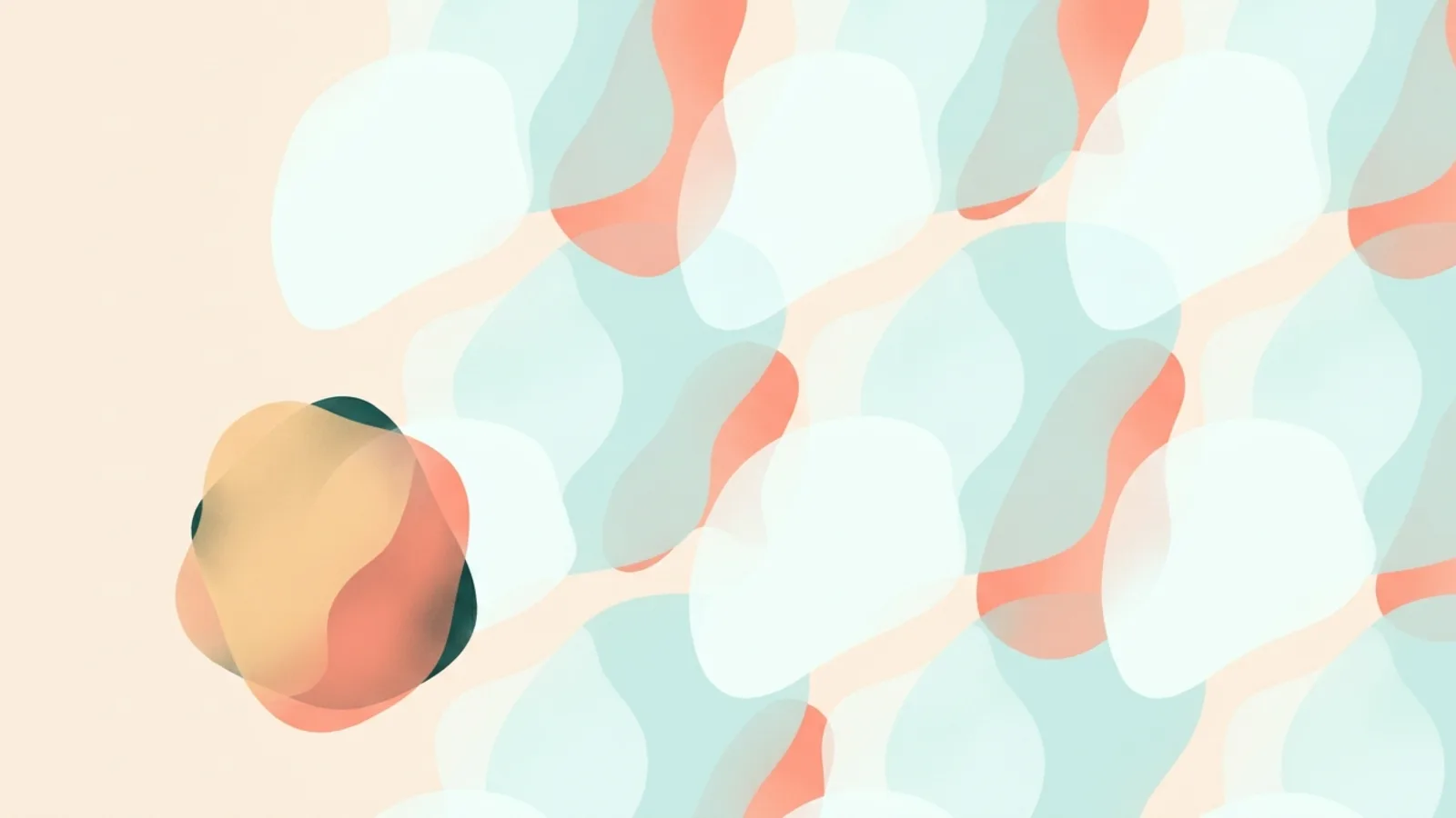 A repeating soft pattern in mint and coral with one element standing out
