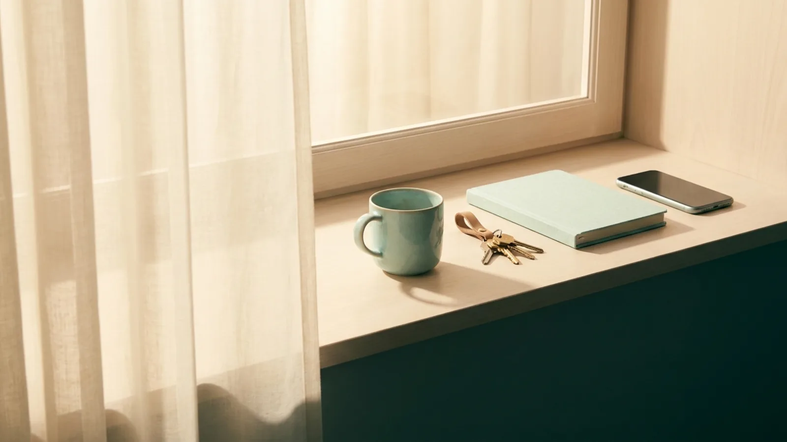 Everyday objects lined up on a windowsill in morning light, a week between therapy sessions