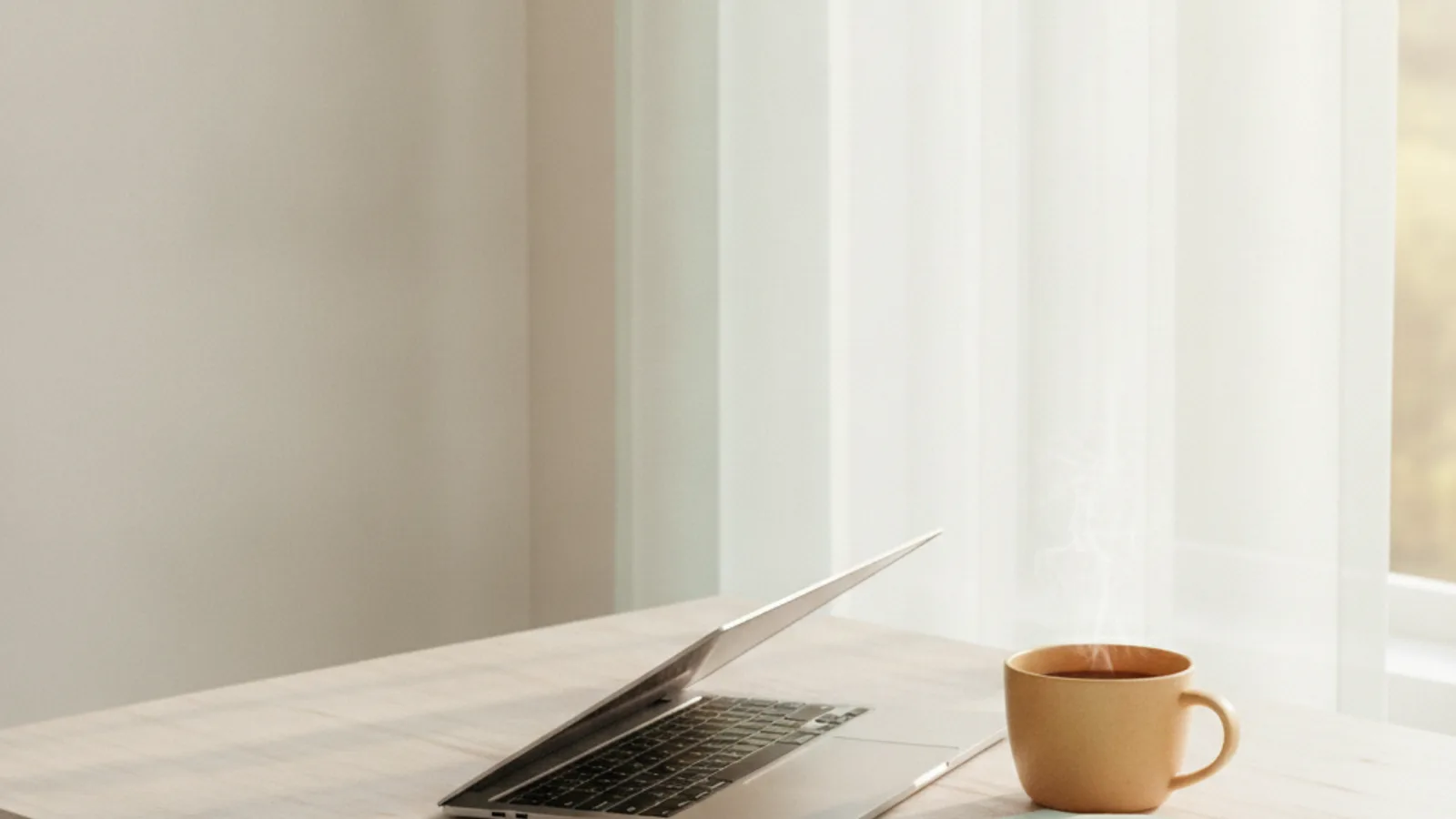 A notebook and a cup beside a half closed laptop in morning light, choosing a therapist