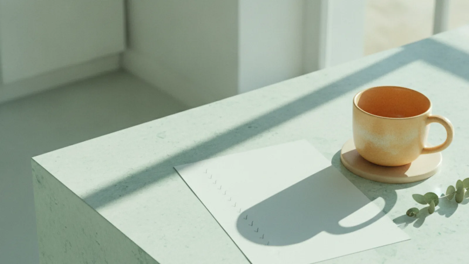A wall calendar with a few soft marks and a cup on the counter in morning light