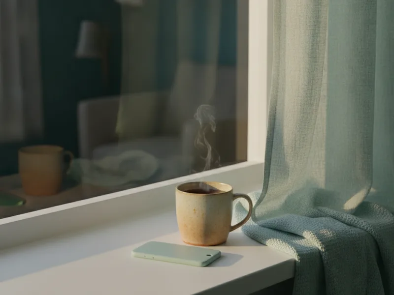 A mug and a face down phone on a windowsill in late afternoon light
