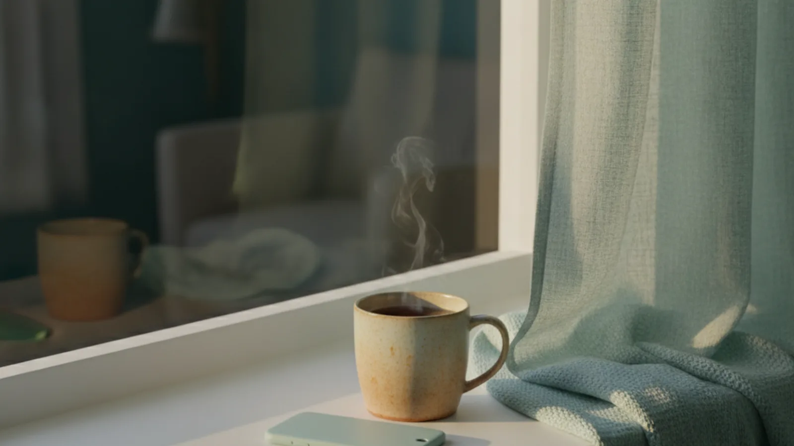 A mug and a face down phone on a windowsill in late afternoon light