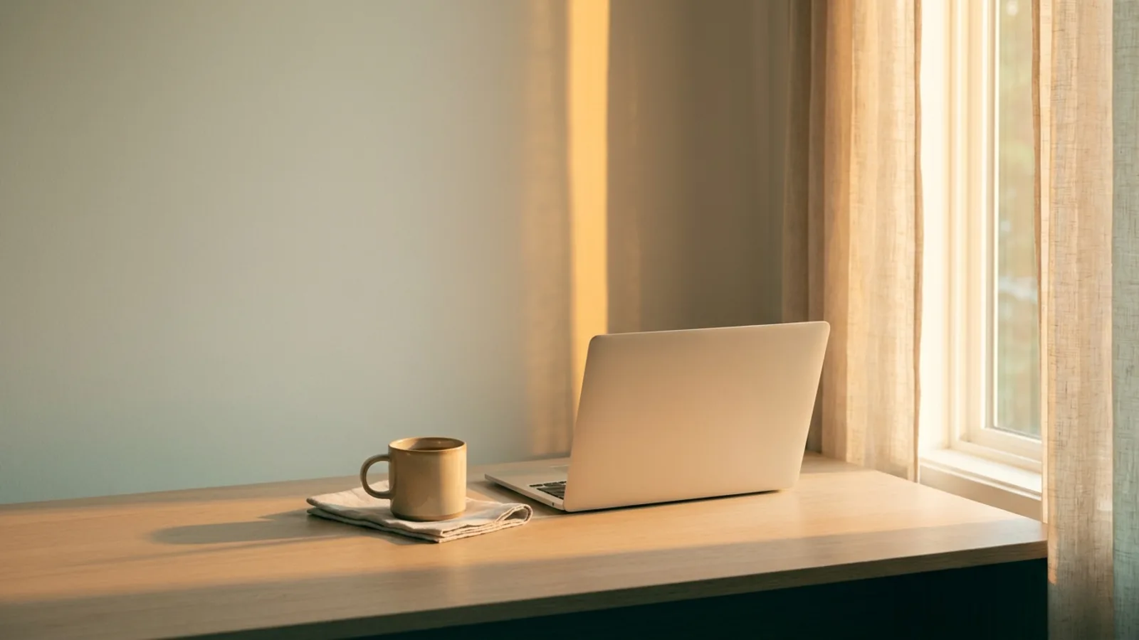 A quiet desk at golden hour with an untouched mug of tea beside a laptop