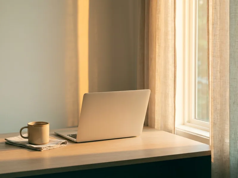 A quiet desk at golden hour with an untouched mug of tea beside a laptop