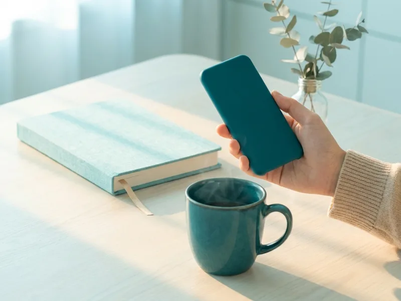 A hand holding a phone above a mug next to a paper planner in soft morning light
