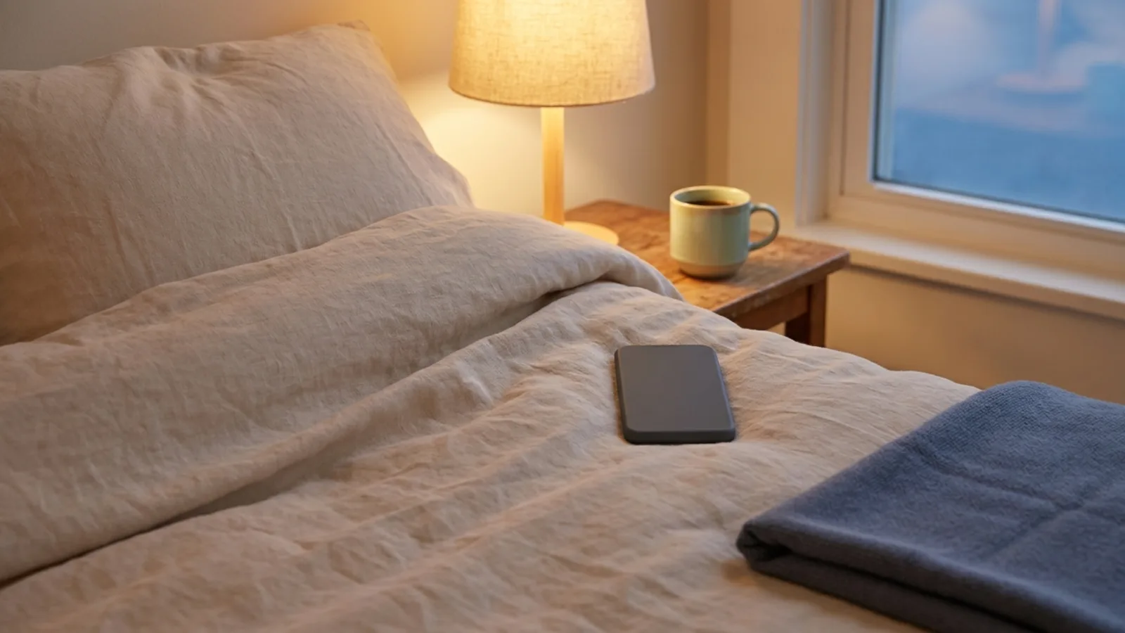 A phone lying face down on bedding next to a mug in warm evening lamplight