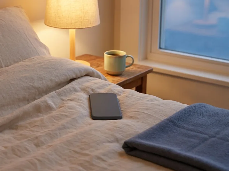 A phone lying face down on bedding next to a mug in warm evening lamplight
