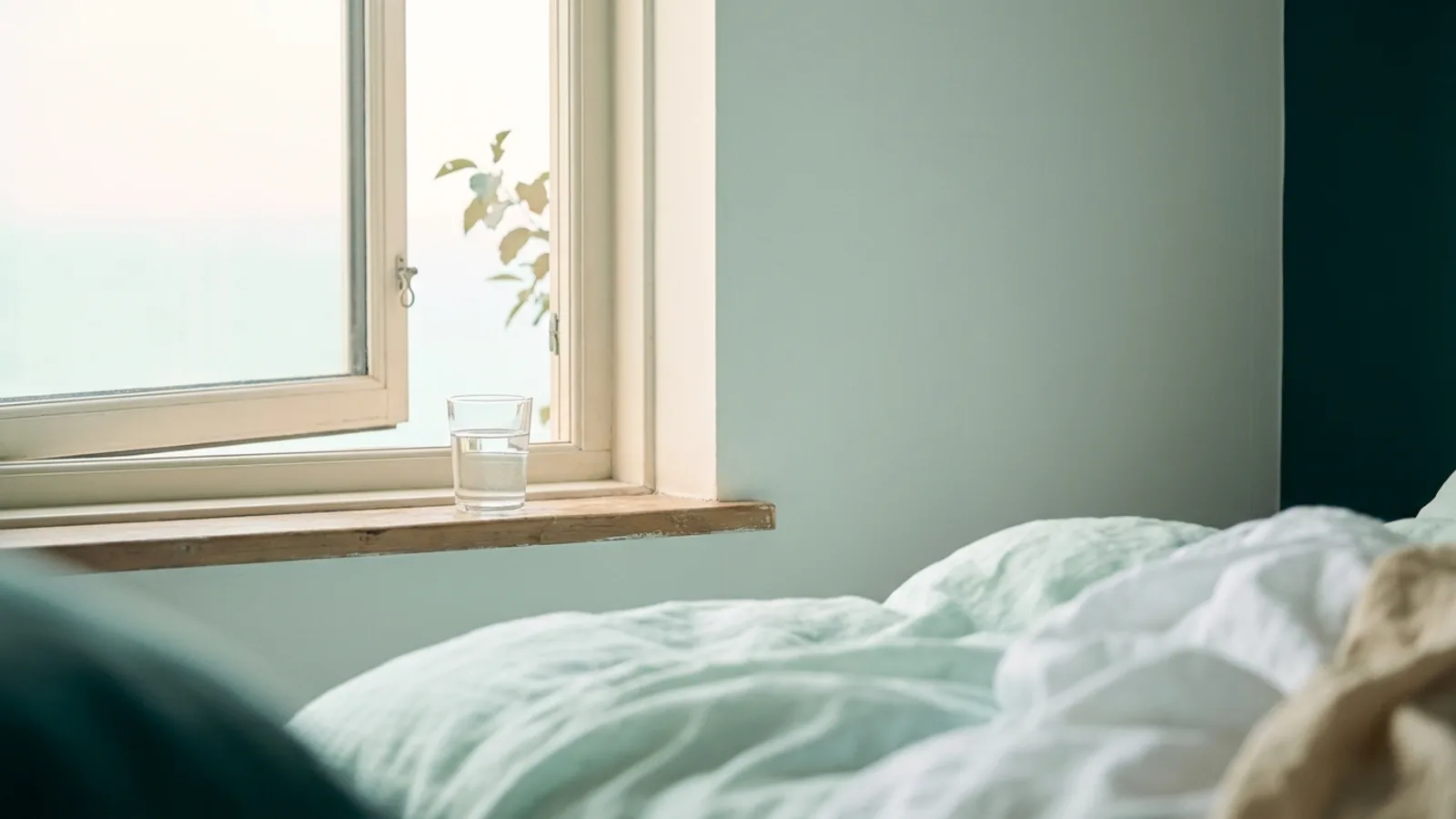 A glass of water on a windowsill in early morning light next to an open window