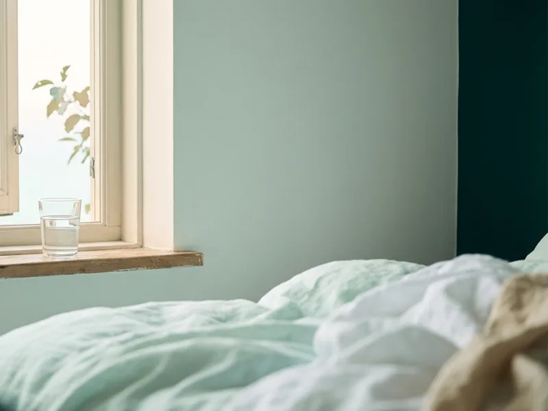 A glass of water on a windowsill in early morning light next to an open window