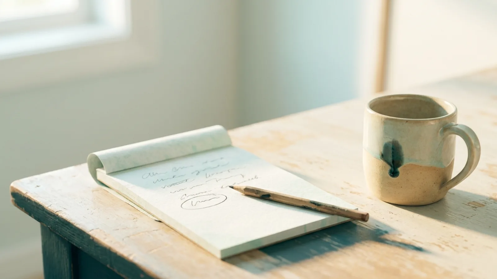 A pencil resting on a notepad with a single circled line beside a mug in soft afternoon light