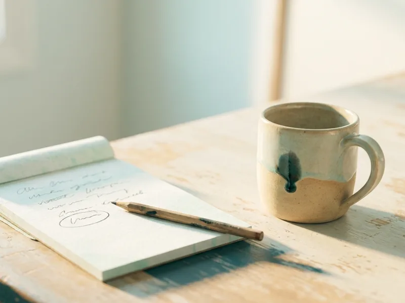 A pencil resting on a notepad with a single circled line beside a mug in soft afternoon light