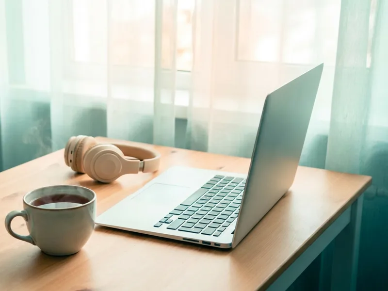 An open laptop on a kitchen table with headphones and a mug in soft window light