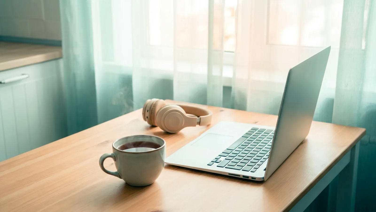 An open laptop on a kitchen table with headphones and a mug in soft window light