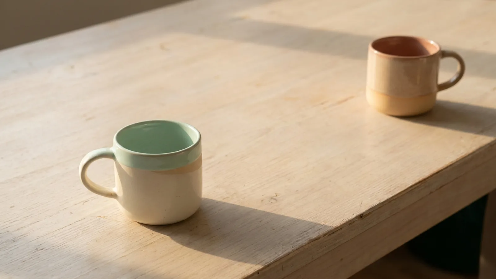 Two mugs on a table set slightly apart in soft afternoon light