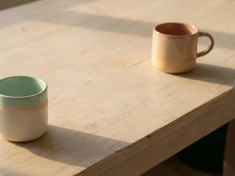 Two mugs on a table set slightly apart in soft afternoon light