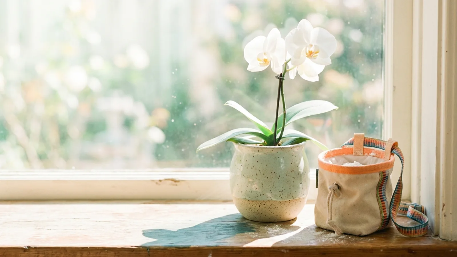 A single orchid on a sunny windowsill beside a small chalk bag
