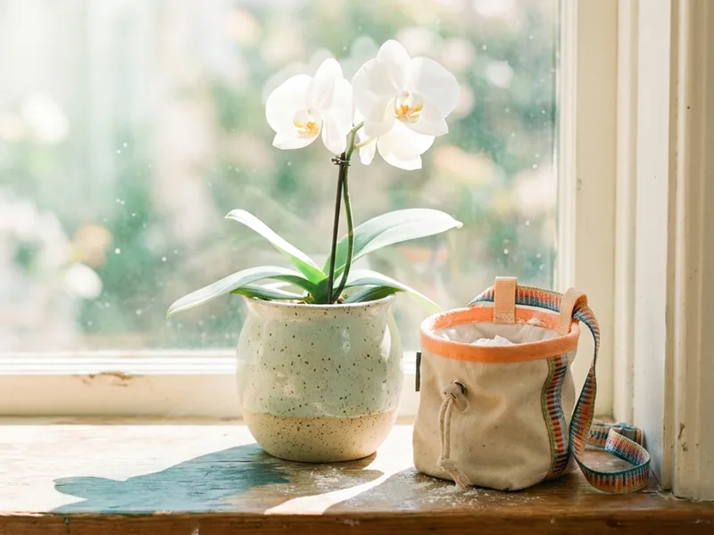 A single orchid on a sunny windowsill beside a small chalk bag