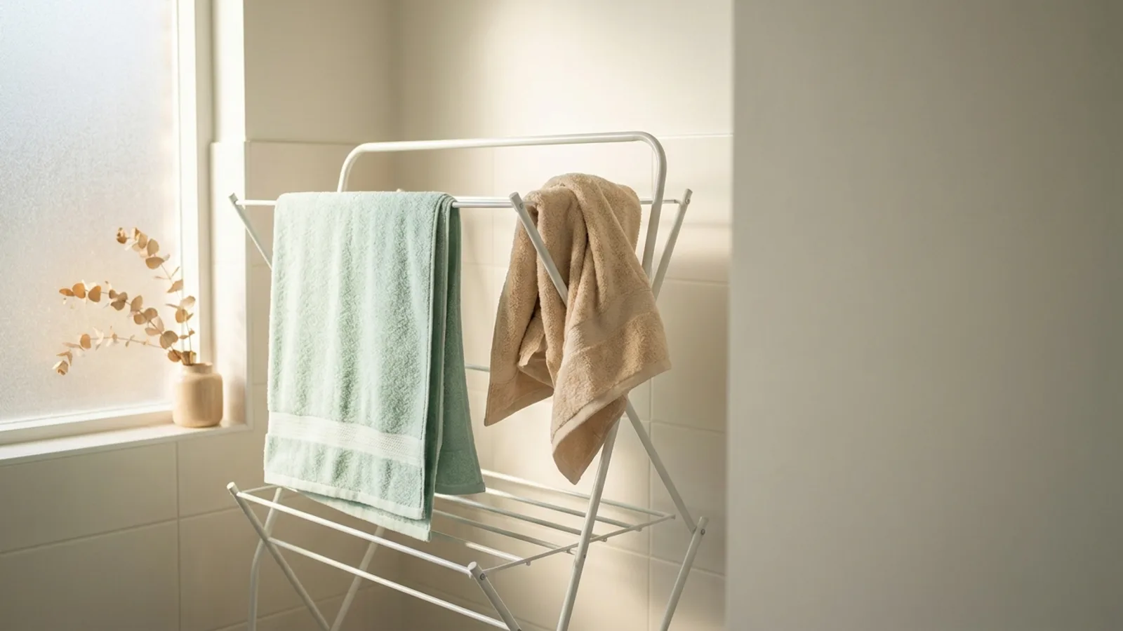 Two towels hanging unevenly over a drying rack in soft morning light