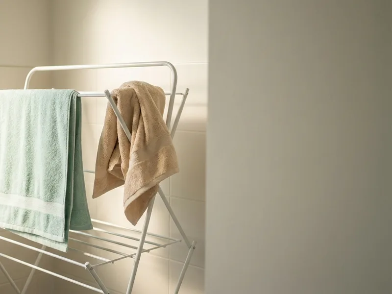 Two towels hanging unevenly over a drying rack in soft morning light