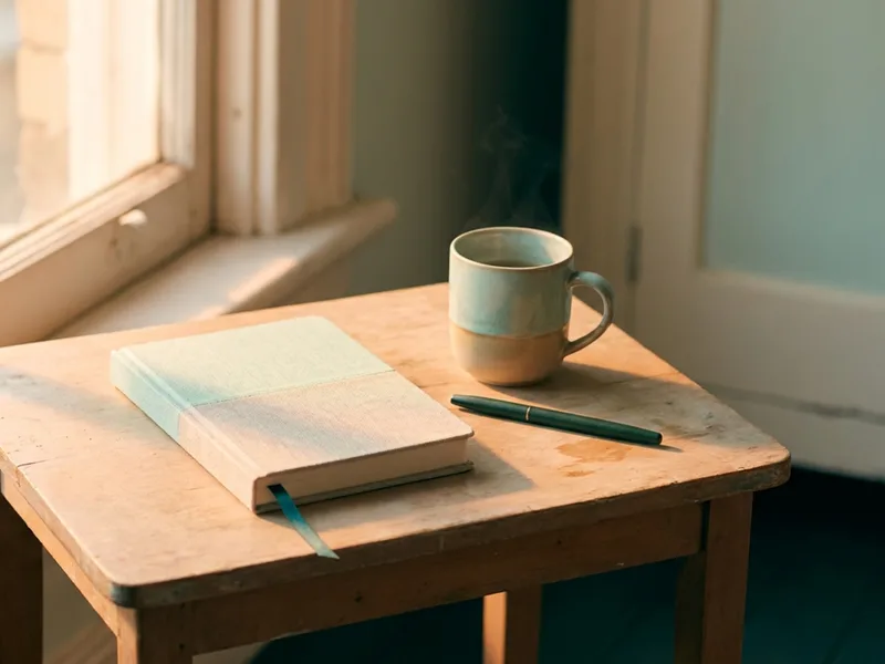 A closed notebook with a ribbon marker beside a mug on a table at golden hour