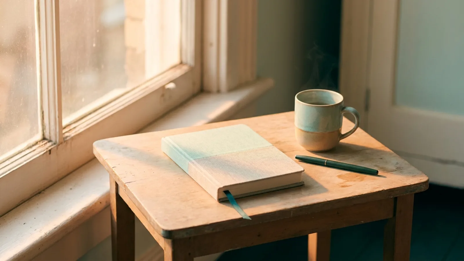 A closed notebook with a ribbon marker beside a mug on a table at golden hour