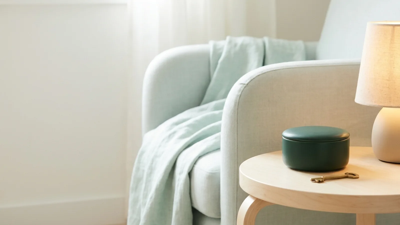 A small closed forest green ceramic box with a little brass key beside it on a side table at dawn