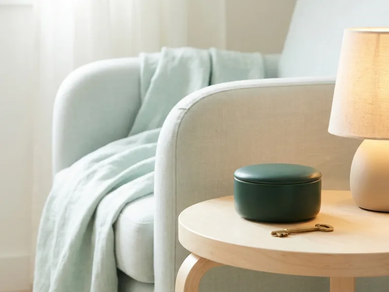 A small closed forest green ceramic box with a little brass key beside it on a side table at dawn