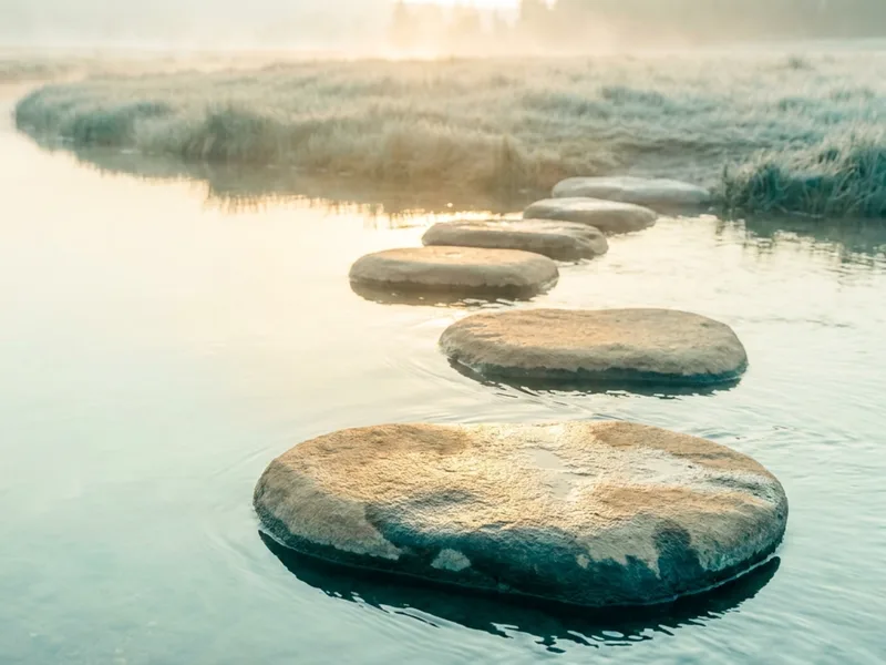 Flat stepping stones crossing a calm, shallow stream in soft morning light