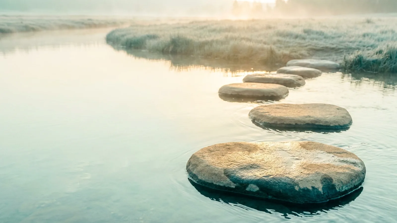 Flat stepping stones crossing a calm, shallow stream in soft morning light