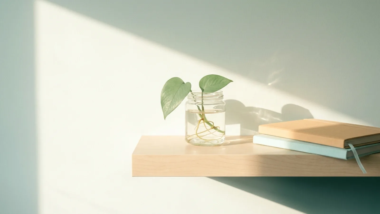 A plant cutting rooting in a glass jar of water beside two closed notebooks on a sunlit shelf
