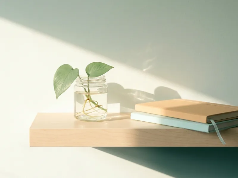 A plant cutting rooting in a glass jar of water beside two closed notebooks on a sunlit shelf