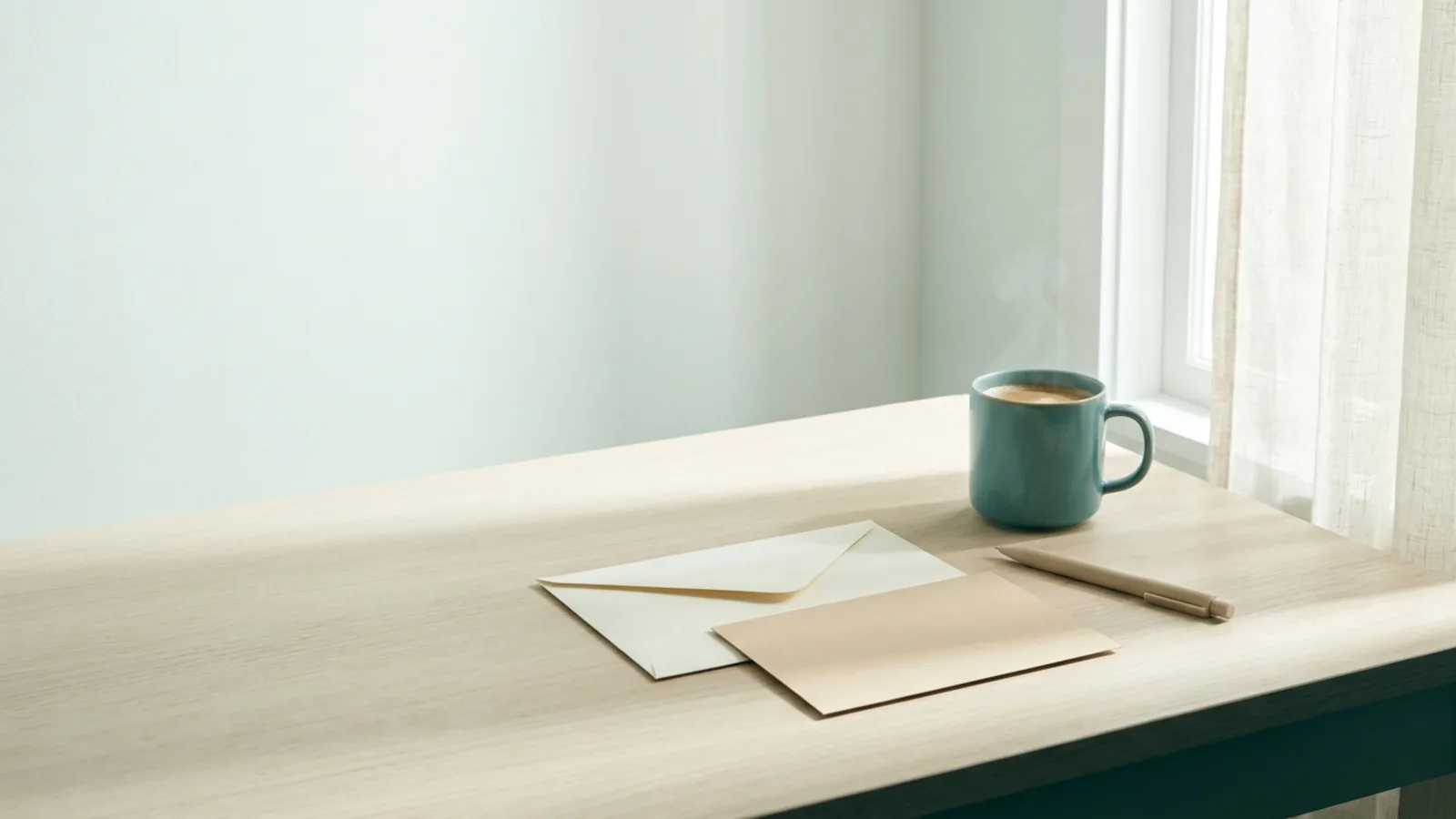 A plain envelope and a blank card beside a mug and a pen on a bright table