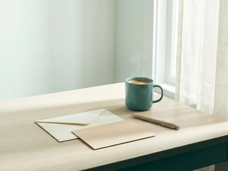 A plain envelope and a blank card beside a mug and a pen on a bright table