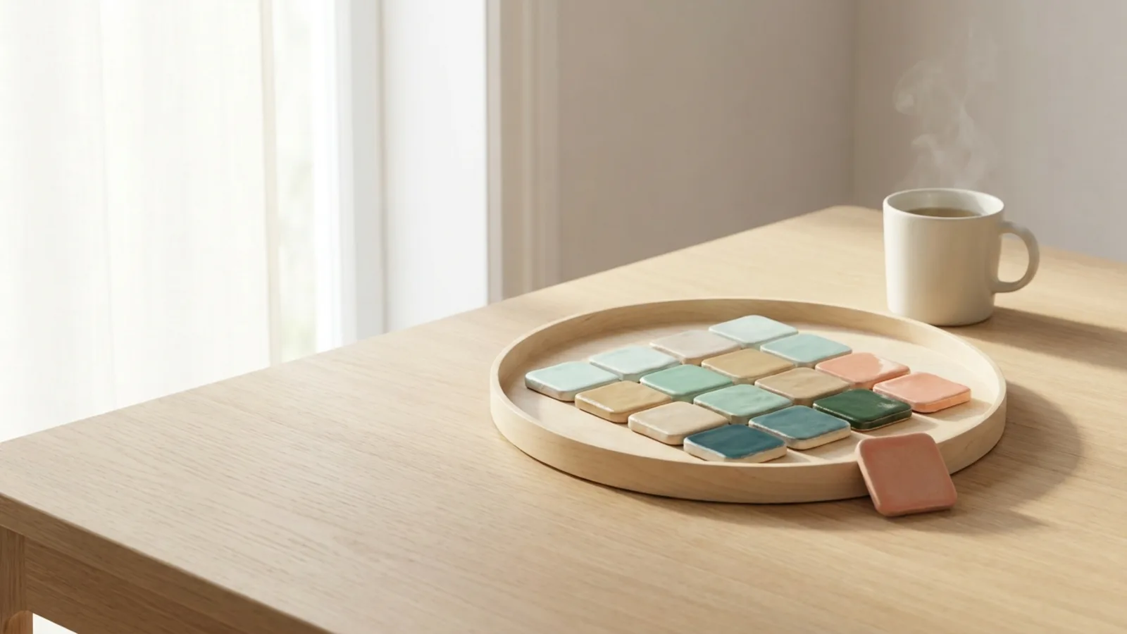 Rounded ceramic tiles in mint, sand, coral and teal arranged in a wooden tray beside a mug of tea in morning light