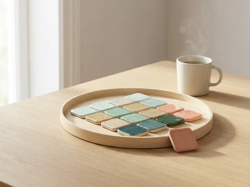 Rounded ceramic tiles in mint, sand, coral and teal arranged in a wooden tray beside a mug of tea in morning light
