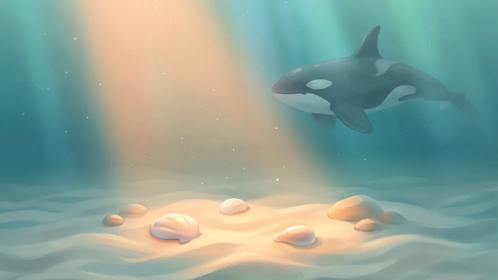 A beam of warm light finding small shells half buried in the sand while an orca glides nearby