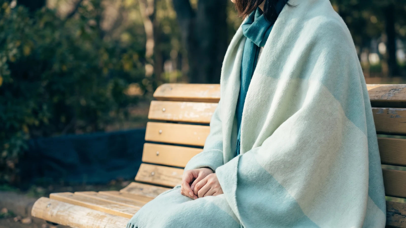 A person resting on a park bench wrapped in a soft wool blanket, hands in the lap