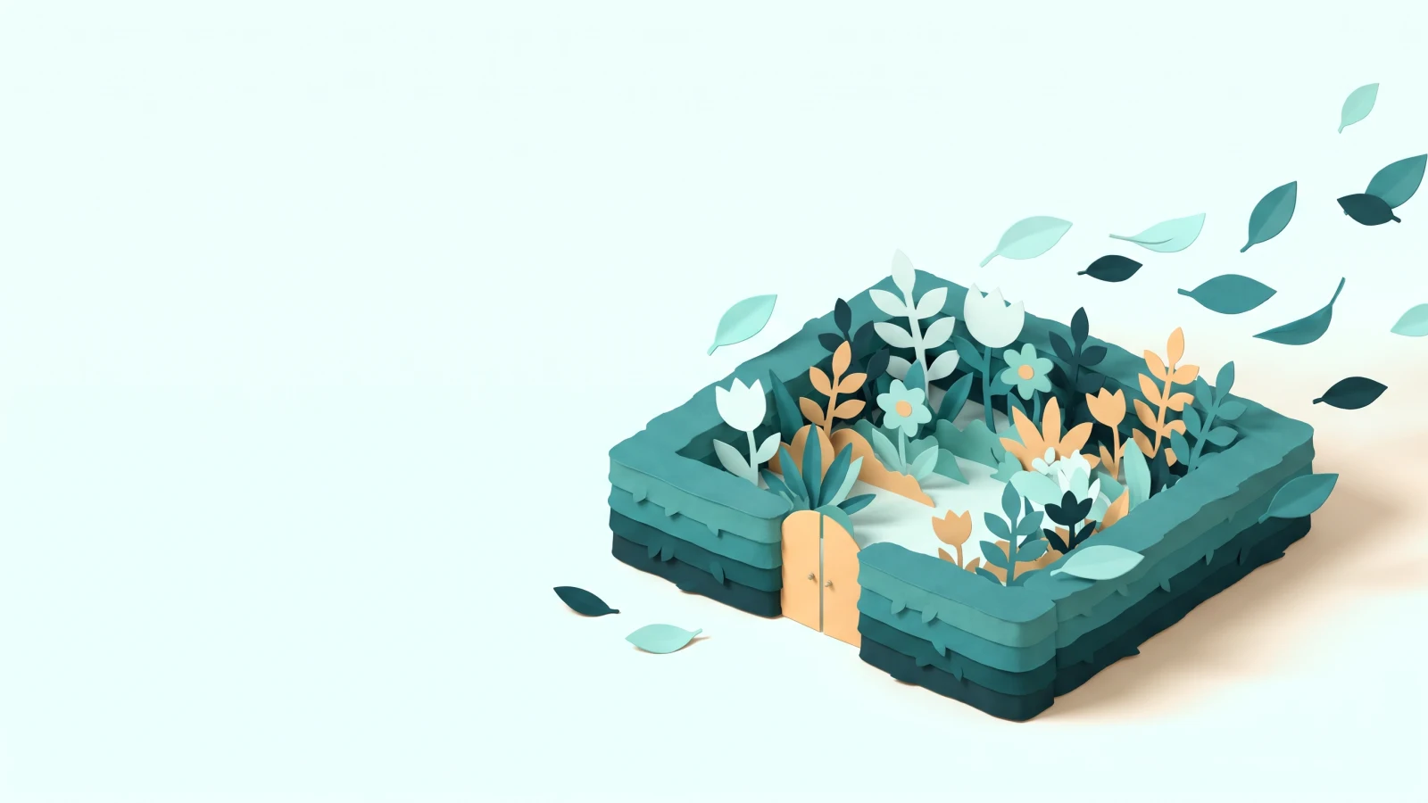 Paper-cut garden enclosed by a low neat hedge with a small gate gently closed
