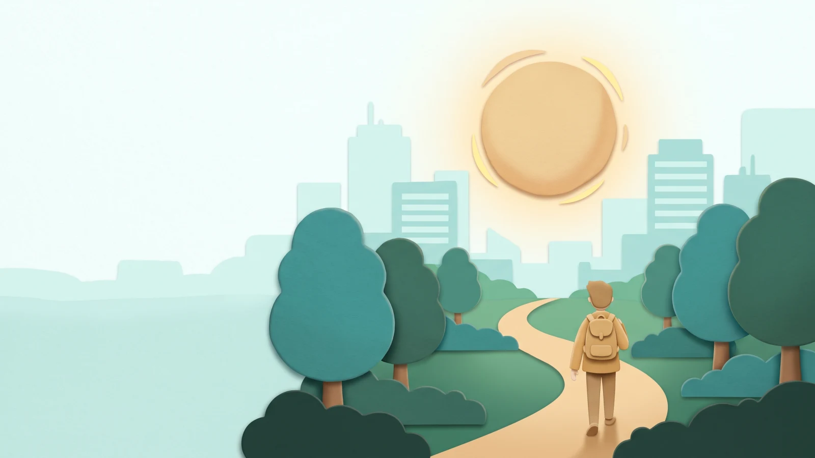 Paper-cut figure with a backpack walking a winding park path under a warm sun, office blocks soft in the distance