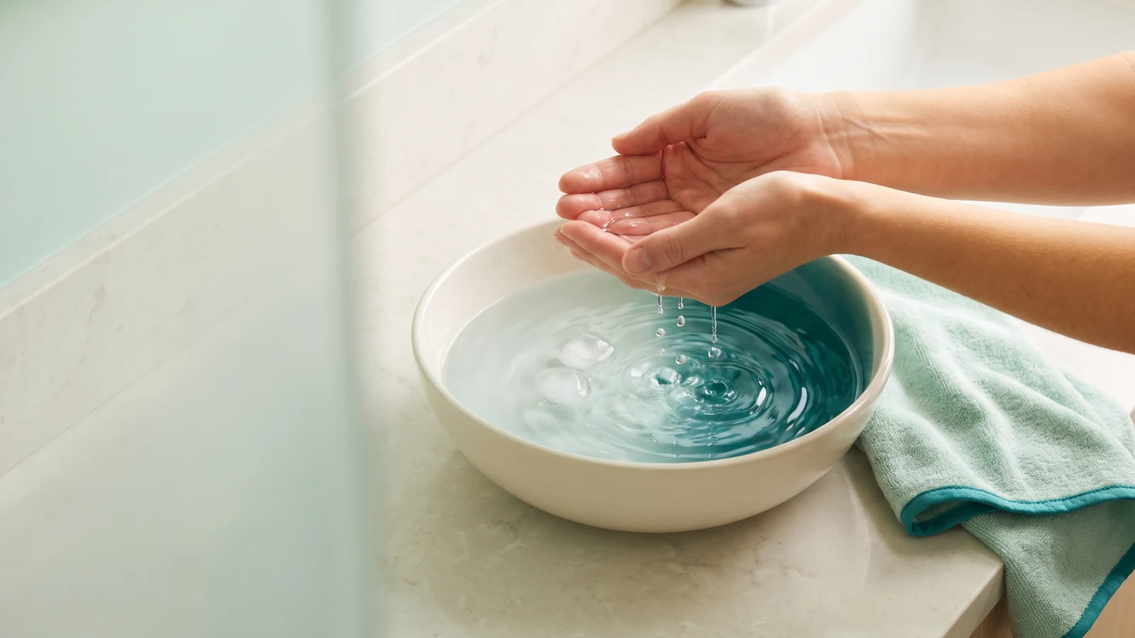 Cupped hands lifting cold water from a pale bowl with ice cubes, a mint towel beside it on a bright counter