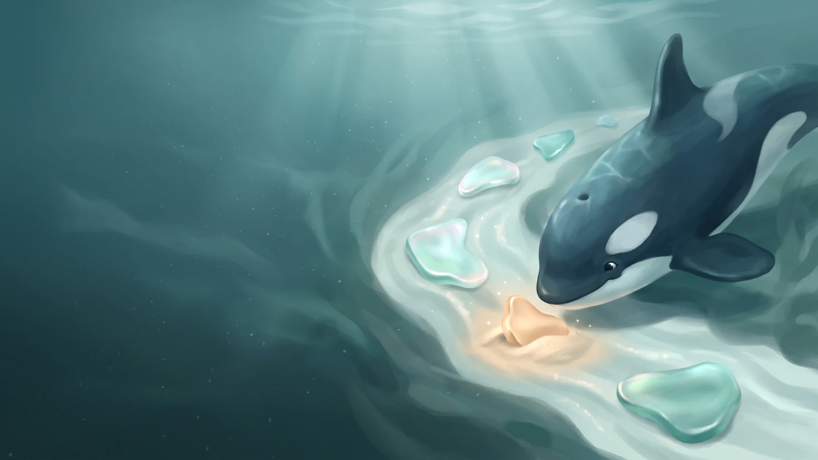 Orca gliding over a pale sand trail of sea glass, pausing at one warm half-buried piece in soft underwater light