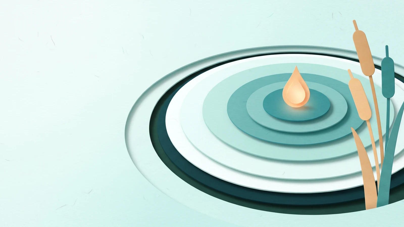 Paper-cut droplet glowing at the centre of wide teal ripple rings on still water, cattails at the edge