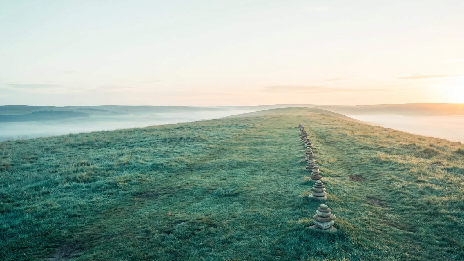 Row of small stone cairns running along a misty green ridge at sunrise, fog filling the valleys on both sides